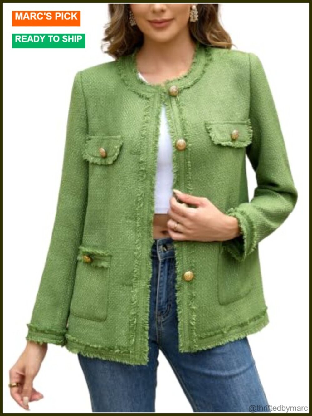 Women's Tweed Blazer Long Collarless Pockets Button Office Work